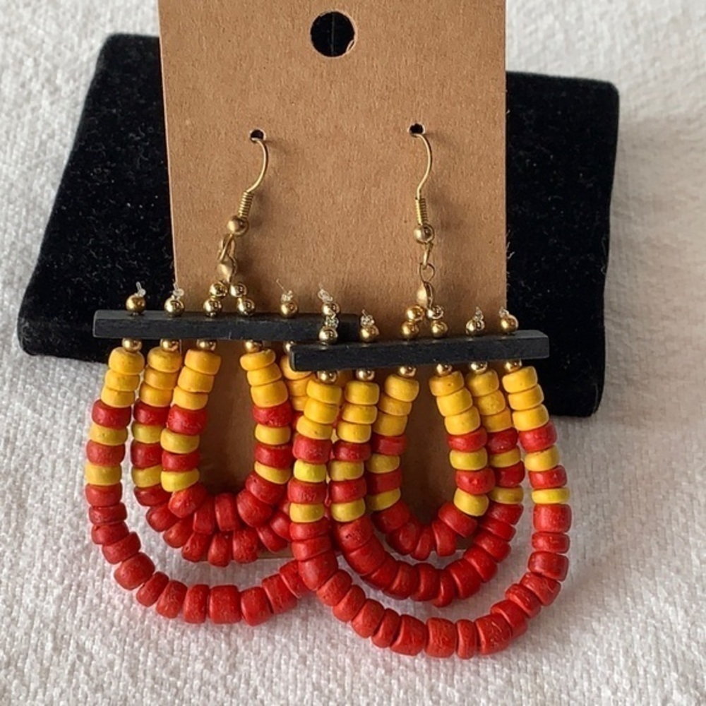 💐5/25 colorful orange yellow wood bead large bold statement earrings